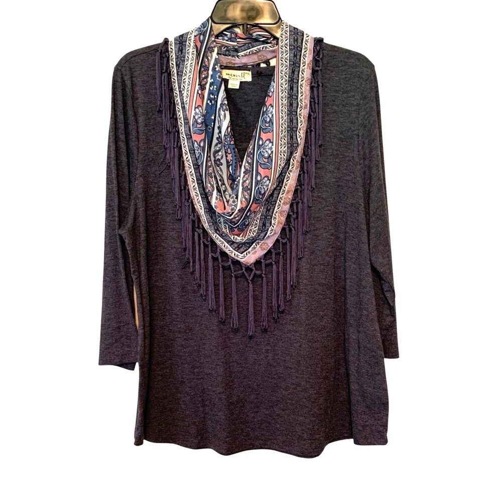 One World Womens 3/4 Sleeve Knit Tunic Top w/ Detachable Scarf, Dark Gray - PXL